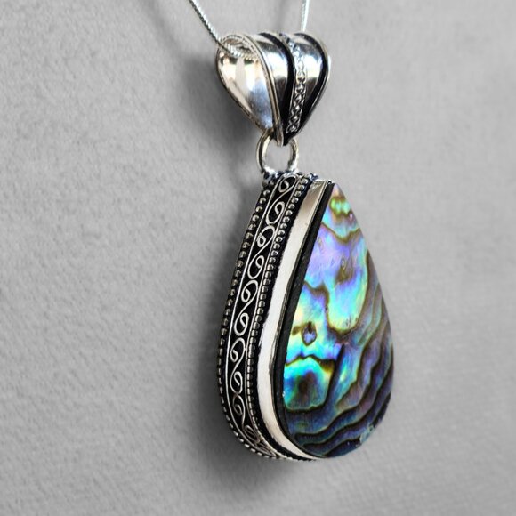 Abalone Tear Drop Handcrafted Detailed Metalwork Pendant Sterling Necklace NWOT - Picture 2 of 6